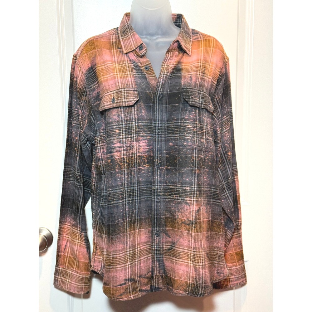 Oversized Bleached Plaid Flannel Shirt Women's Medium‎ Grunge Hipster